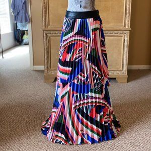 Blue Red Abstract Print Pleated Maxi Skirt Large